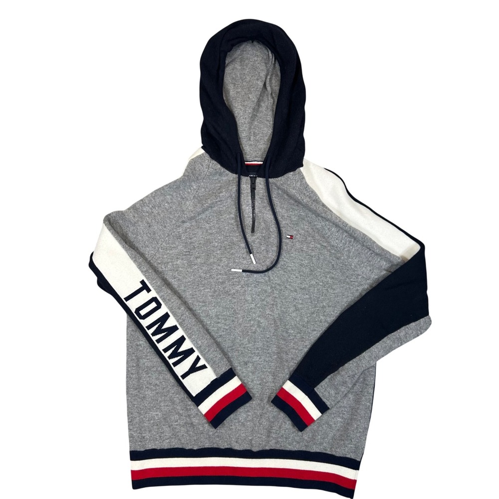 Tommy Hilfiger Mens Grey Navy Colorblock Quarter Zip Hooded Sweater Logo Medium